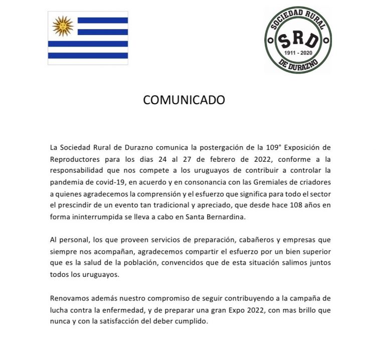 Por el coronavirus, la Rural de Durazno postergó la exposición que se realizará en 2022