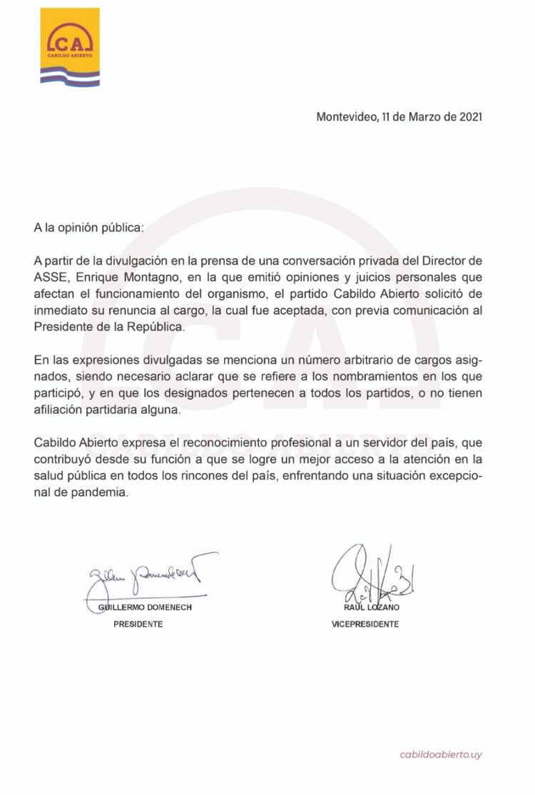 Cabildo Abierto solicitó la renuncia del director de ASSE