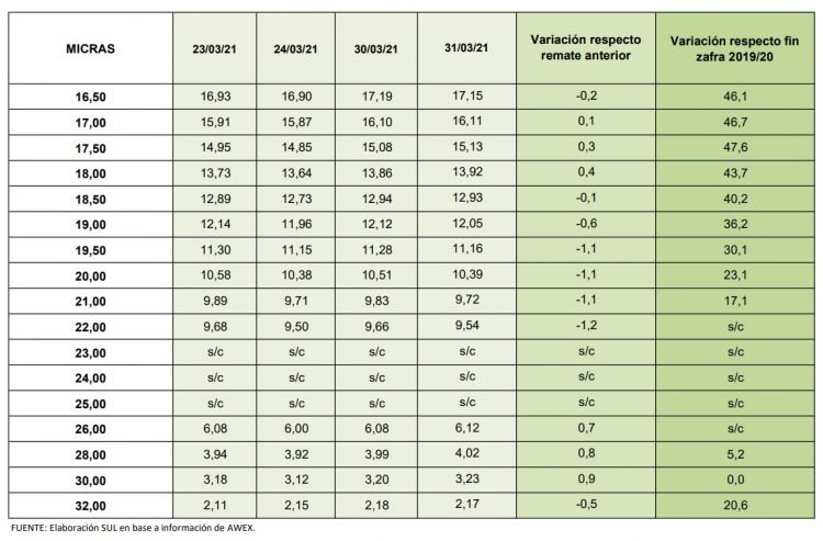 Marzo cerró con la lana valiendo US$ 51 centavos menos que al cierre de febrero