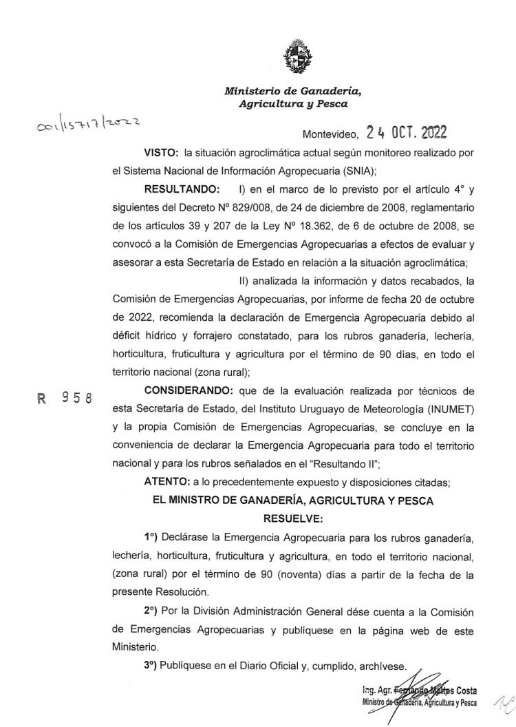 El Ministerio de Ganadería declaró emergencia agropecuaria