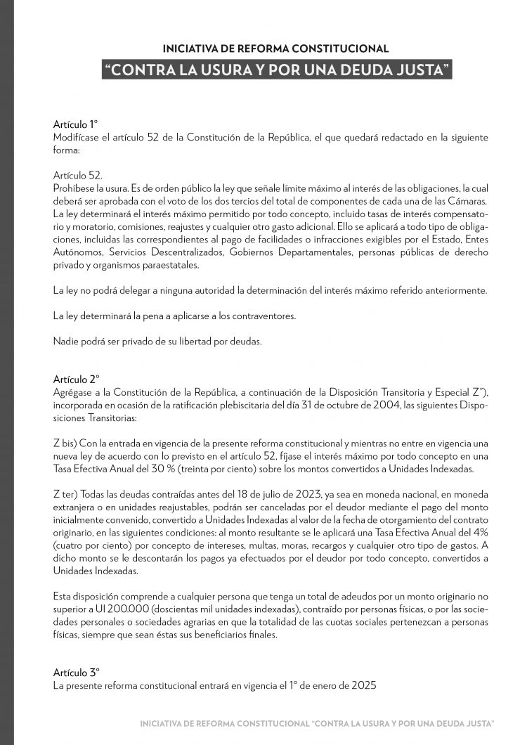 Cabildo Abierto presentó el texto de reforma constitucional “Contra la usura y por una deuda justa”