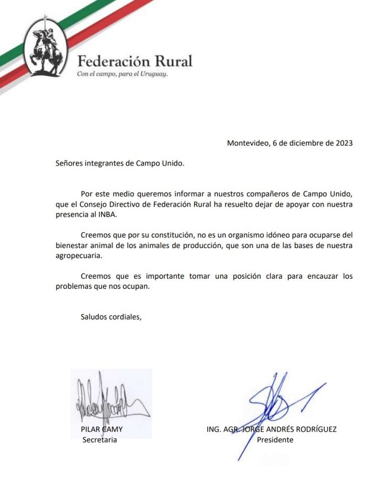 La Federación Rural señala que INBA no es un organismo “idóneo” para garantizar el bienestar animal