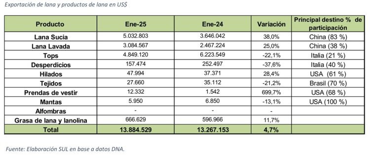 La exportación de lana y productos de lana en enero fue por US$ 13,8 millones