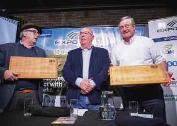 Alfredo Fratti, ministro de Ganadería, Agricultura y Pesca, Jorge Andrés Rodríguez, presidente de la Rural de Soriano  y Guillermo Besozzi, intendente de Soriano. Foto: Rafael Chagas